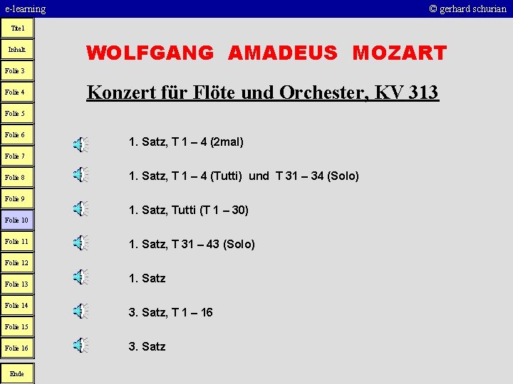 e-learning © gerhard schurian Titel Inhalt WOLFGANG AMADEUS MOZART Folie 3 Folie 4 Konzert
