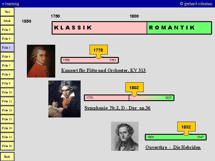 e-learning © gerhard schurian Titel 1750 Inhalt Folie 3 1800 1850 KLASSIK ROMANTIK Folie