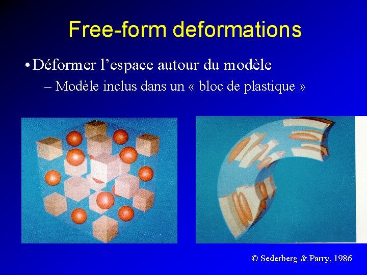 Free-form deformations • Déformer l’espace autour du modèle – Modèle inclus dans un «