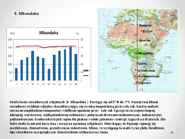 4. Mbandaka Strefa lasów równikowych wilgotnych [4 - Mbandaka ]. Rozciąga się od 50