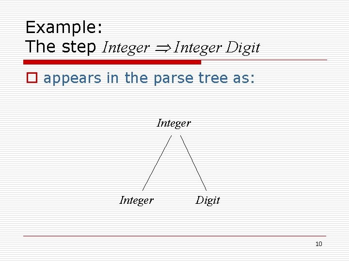 Example: The step Integer Digit o appears in the parse tree as: Integer Digit