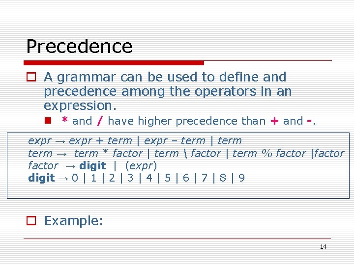 Precedence o A grammar can be used to define and precedence among the operators