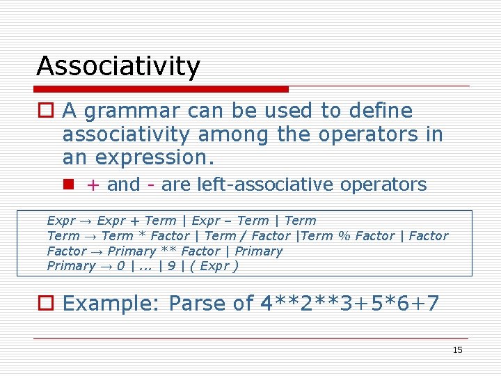 Associativity o A grammar can be used to define associativity among the operators in