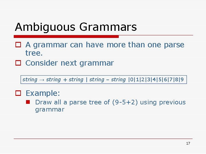 Ambiguous Grammars o A grammar can have more than one parse tree. o Consider