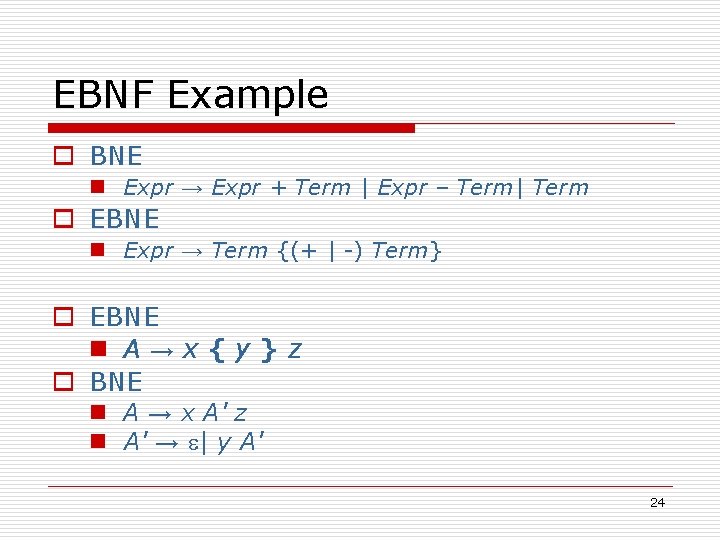 EBNF Example o BNE n Expr → Expr + Term | Expr – Term|