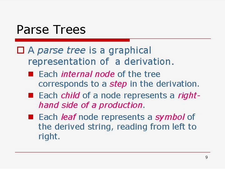 Parse Trees o A parse tree is a graphical representation of a derivation. n