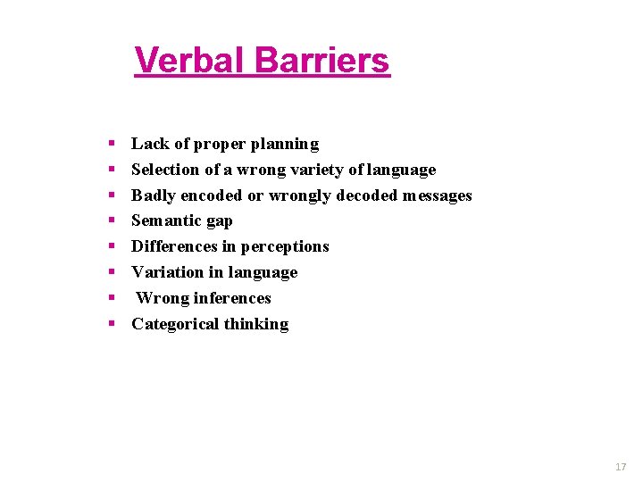 Verbal Barriers § § § § Lack of proper planning Selection of a wrong