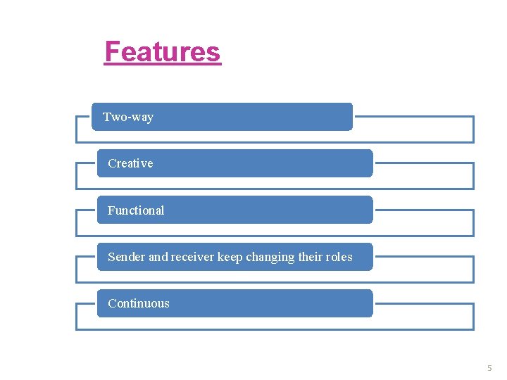 Features Two-way Creative Functional Sender and receiver keep changing their roles Continuous 5 