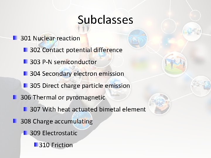 Subclasses 301 Nuclear reaction 302 Contact potential difference 303 P-N semiconductor 304 Secondary electron