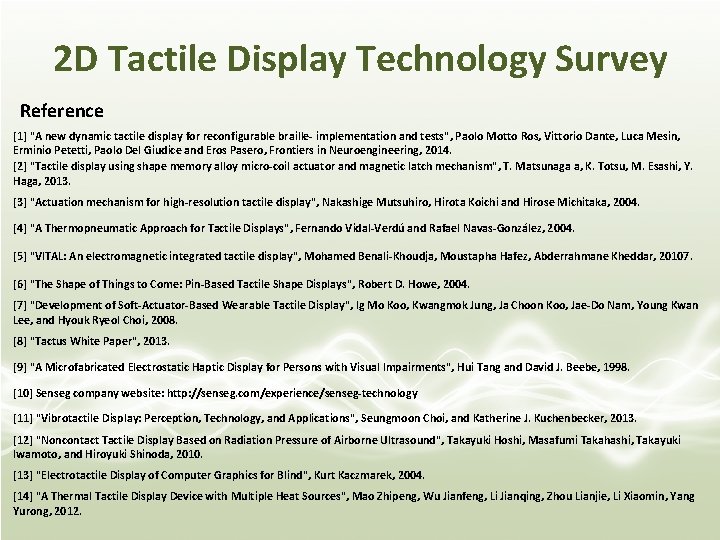 2 D Tactile Display Technology Survey Reference [1] "A new dynamic tactile display for