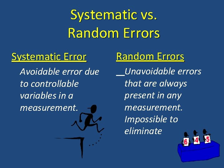 Systematic vs. Random Errors Systematic Error Avoidable error due to controllable variables in a