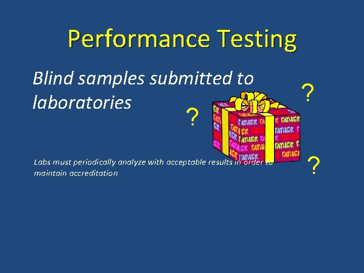 Performance Testing Blind samples submitted to laboratories ? Labs must periodically analyze with acceptable