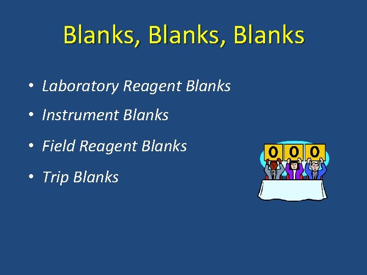Blanks, Blanks • Laboratory Reagent Blanks • Instrument Blanks • Field Reagent Blanks •