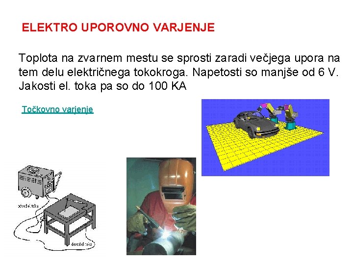 ELEKTRO UPOROVNO VARJENJE Toplota na zvarnem mestu se sprosti zaradi večjega upora na tem