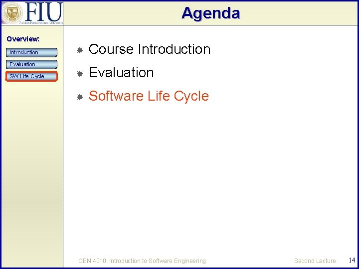 Agenda Overview: Introduction Course Introduction Evaluation Software Life Cycle Evaluation SW Life Cycle CEN