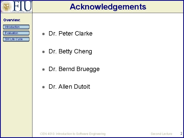 Acknowledgements Overview: Introduction Evaluation Dr. Peter Clarke Dr. Betty Cheng Dr. Bernd Bruegge Dr.