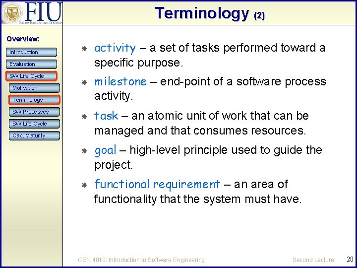 Terminology (2) Overview: Introduction Evaluation SW Life Cycle Motivation Terminology SW Processes SW Life