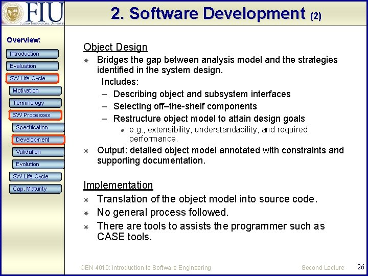 2. Software Development (2) Overview: Introduction Evaluation Object Design SW Life Cycle Motivation Terminology