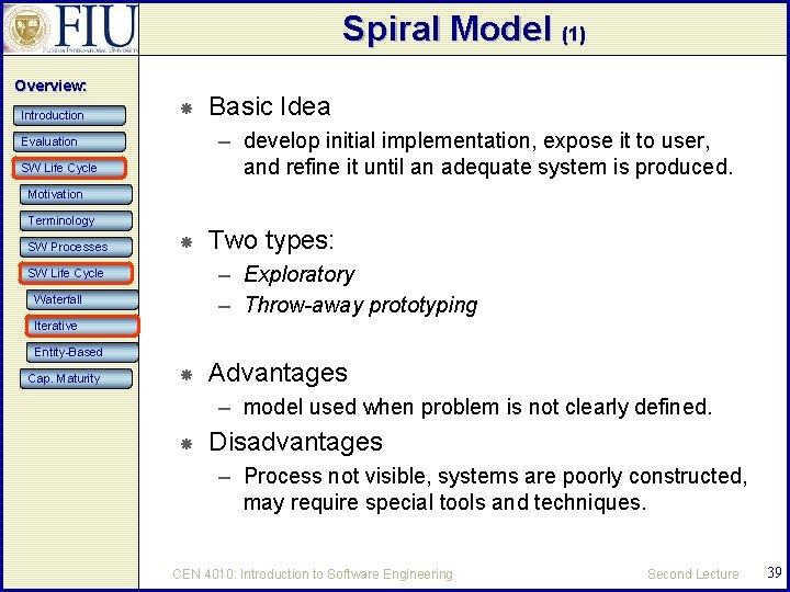 Spiral Model (1) Overview: Introduction Basic Idea – develop initial implementation, expose it to