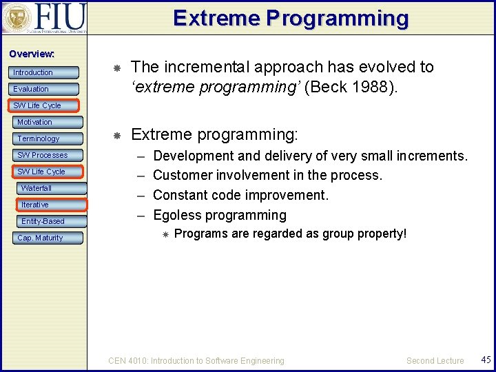 Extreme Programming Overview: Introduction The incremental approach has evolved to ‘extreme programming’ (Beck 1988).