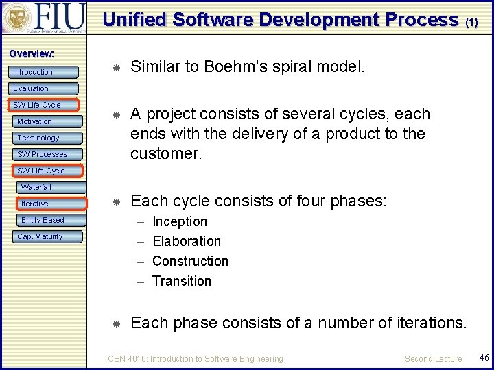 Unified Software Development Process (1) Overview: Introduction Similar to Boehm’s spiral model. A project