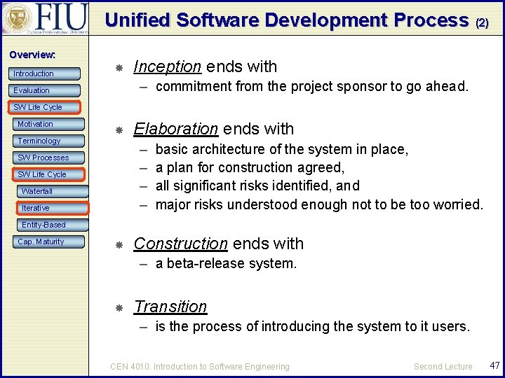 Unified Software Development Process (2) Overview: Introduction Inception ends with – commitment from the