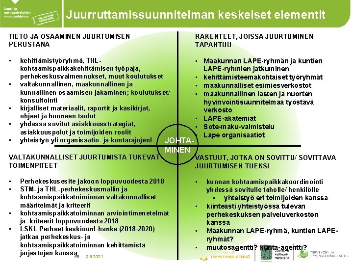 Juurruttamissuunnitelman keskeiset elementit TIETO JA OSAAMINEN JUURTUMISEN PERUSTANA • • • kehittämistyöryhmä, THL •