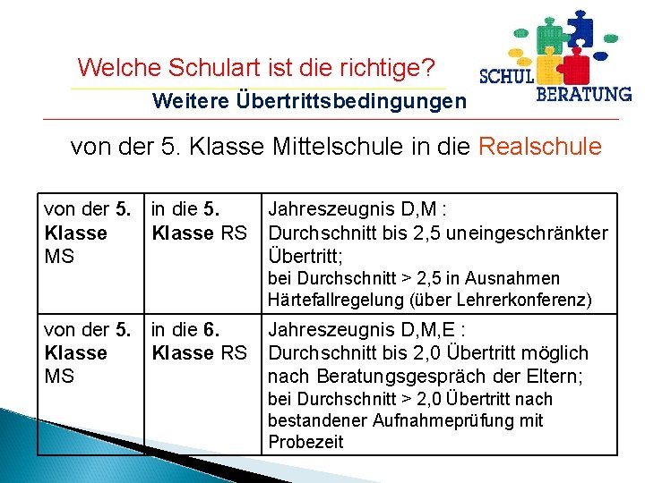 Welche Schulart ist die richtige? Weitere Übertrittsbedingungen von der 5. Klasse Mittelschule in die