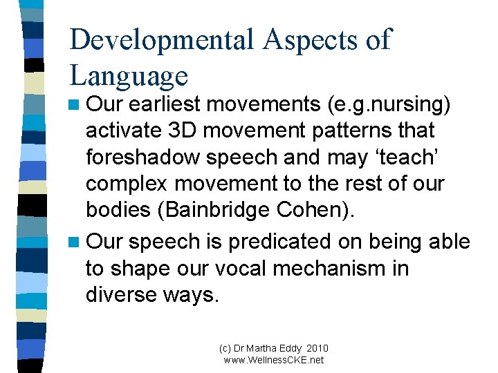 Developmental Aspects of Language n Our earliest movements (e. g. nursing) activate 3 D
