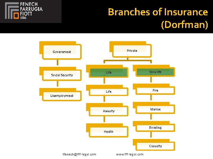 Branches of Insurance (Dorfman) Private Government Social Security Unemployment Life Non-life Life Fire Marine