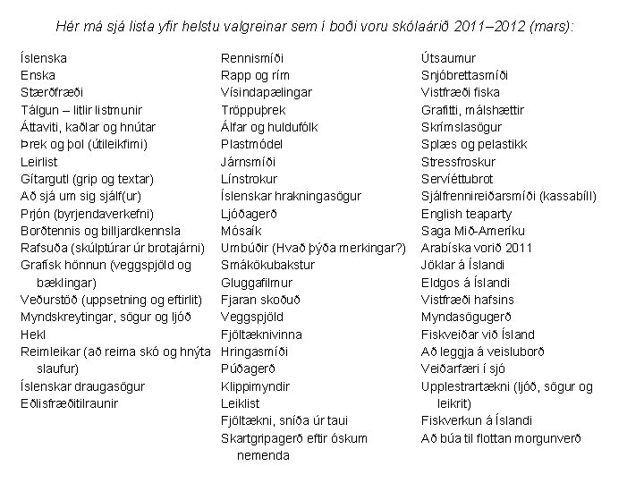 Hér má sjá lista yfir helstu valgreinar sem í boði voru skólaárið 2011– 2012