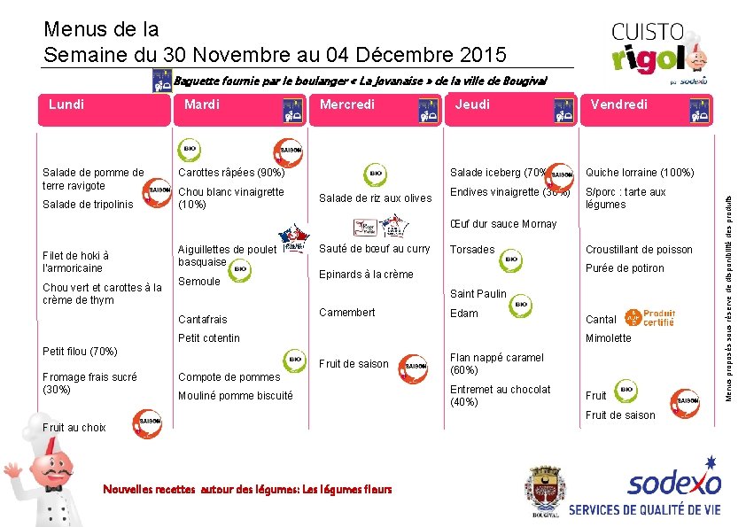 Menus de la Semaine du 30 Novembre au 04 Décembre 2015 Baguette fournie par