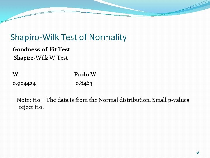 Shapiro-Wilk Test of Normality Goodness-of-Fit Test Shapiro-Wilk W Test W 0. 984424 Prob<W 0.