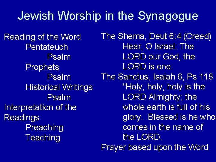 Jewish Worship in the Synagogue Reading of the Word Pentateuch Psalm Prophets Psalm Historical