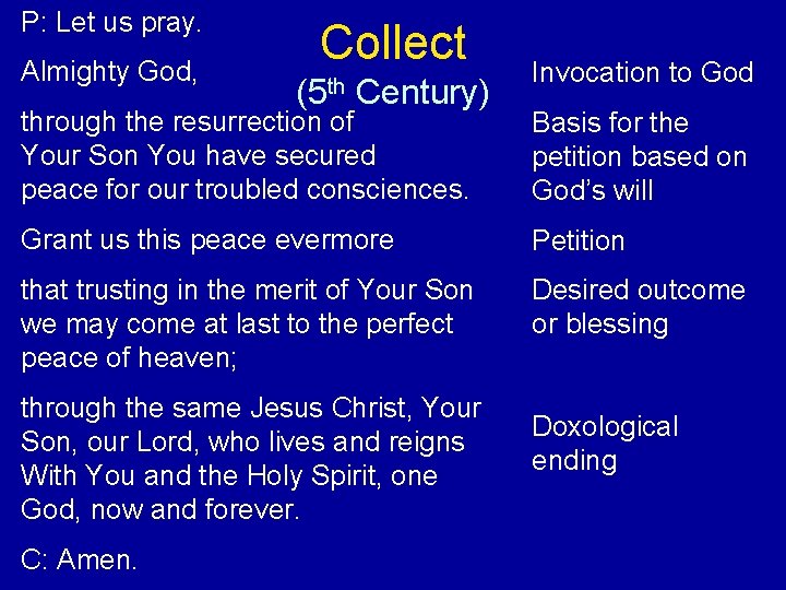 P: Let us pray. Almighty God, Collect (5 th Century) Invocation to God through