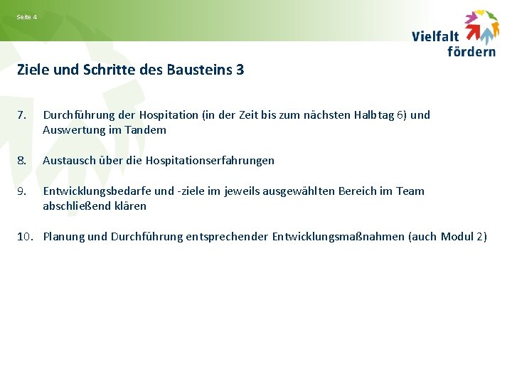 Seite 4 Ziele und Schritte des Bausteins 3 7. Durchführung der Hospitation (in der