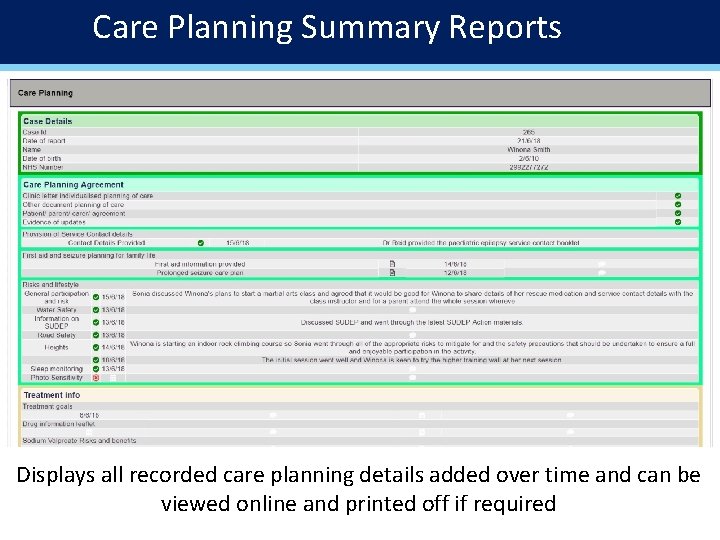 Care Planning Summary Reports Displays all recorded care planning details added over time and