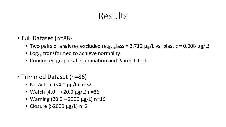 Results • Full Dataset (n=88) • Two pairs of analyses excluded (e. g. glass