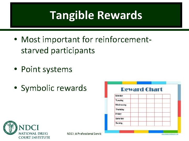 Tangible Rewards • Most important for reinforcementstarved participants • Point systems • Symbolic rewards