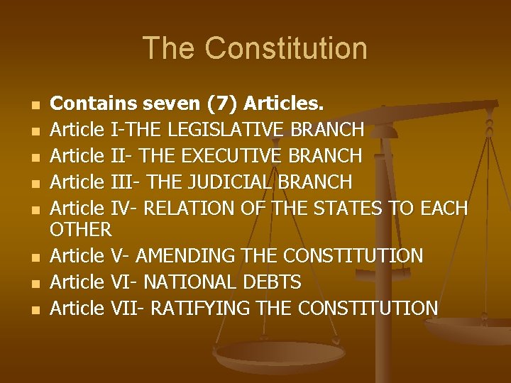 The Constitution n n n n Contains seven (7) Articles. Article I-THE LEGISLATIVE BRANCH