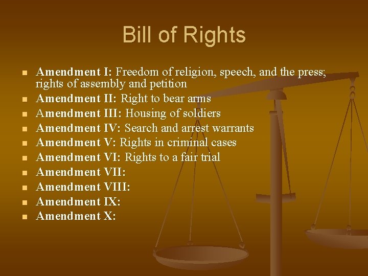 Bill of Rights n n n n n Amendment I: Freedom of religion, speech,