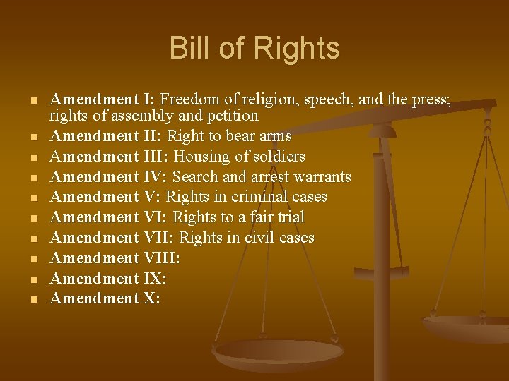 Bill of Rights n n n n n Amendment I: Freedom of religion, speech,