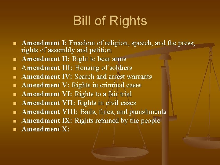 Bill of Rights n n n n n Amendment I: Freedom of religion, speech,