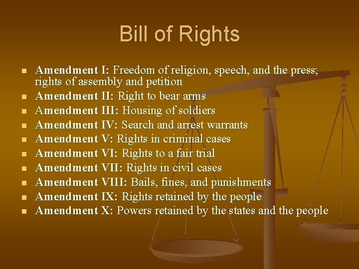 Bill of Rights n n n n n Amendment I: Freedom of religion, speech,