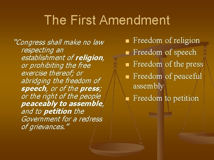 The First Amendment “Congress shall make no law respecting an establishment of religion, or