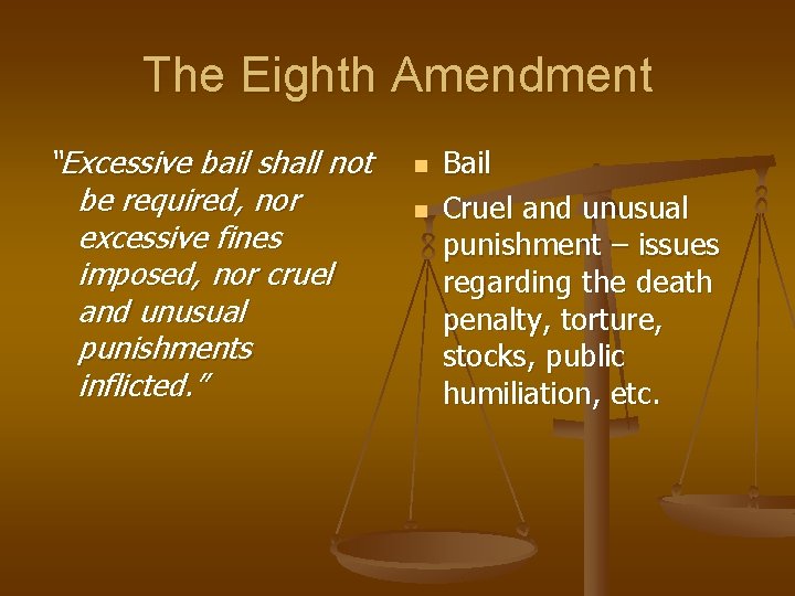 The Eighth Amendment “Excessive bail shall not be required, nor excessive fines imposed, nor