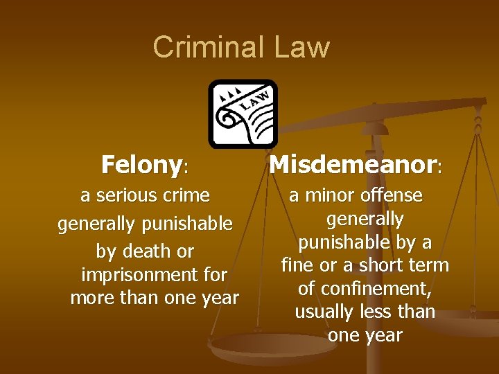Criminal Law Felony: a serious crime generally punishable by death or imprisonment for more