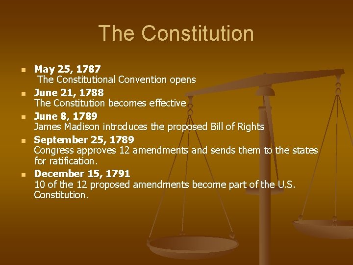 The Constitution n n May 25, 1787 The Constitutional Convention opens June 21, 1788