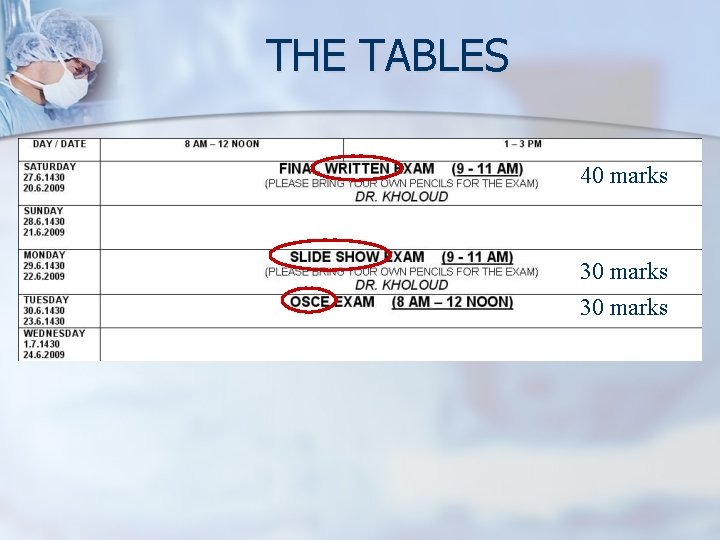 THE TABLES 40 marks 30 marks 