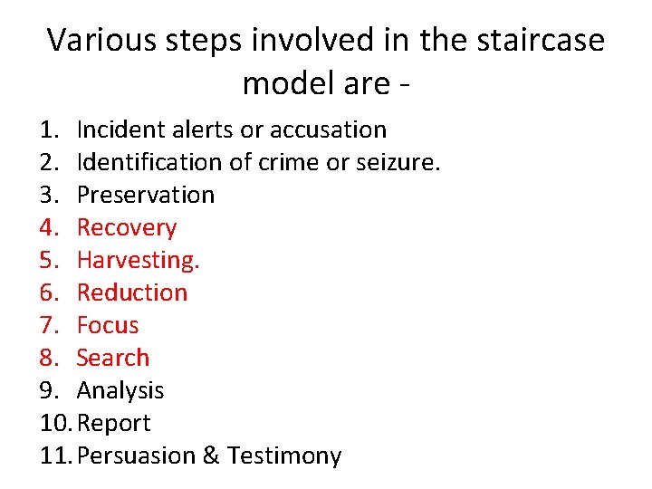 Various steps involved in the staircase model are 1. Incident alerts or accusation 2. Various steps involved in the staircase model are 1. Incident alerts or accusation 2.